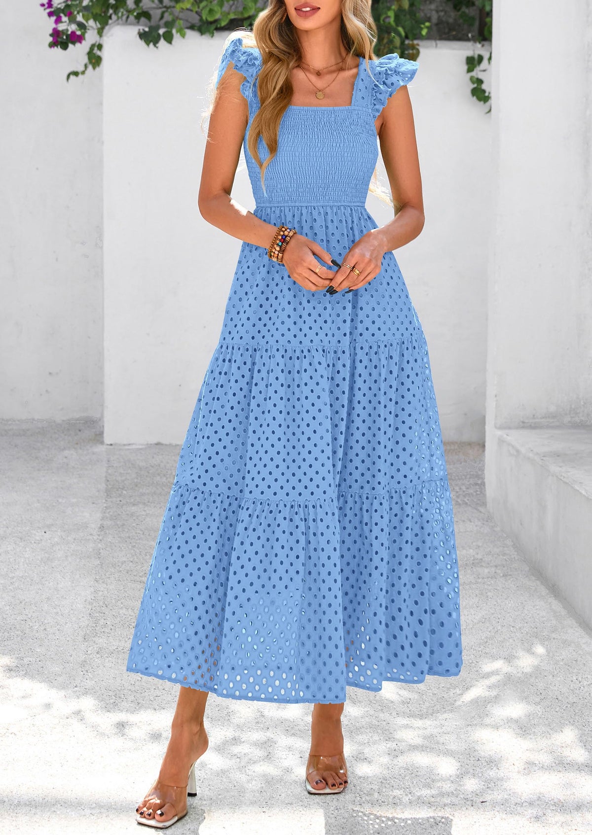 Womens Summer Square Neck Maxi Dresses Cap Sleeve Eyelet Smocked Tiered A Line Flowy Long Dress with Pockets