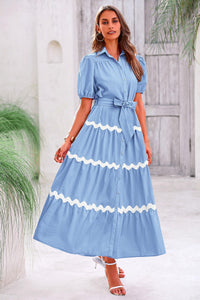 Summer Maxi Button Down Puff Short Sleeve Ruffle Long Flowy Shirt Dresses With Belt