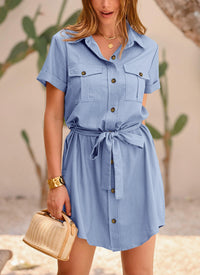 Casual Summer Short Sleeve Button Down V Neck Collared Belted Pocket Dresses