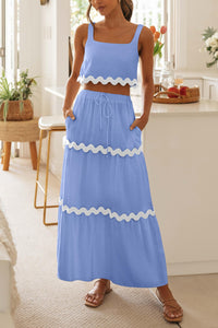 2 Piece Summer Casual Sleeveless Cropped Tank Top High Waisted Maxi Skirt Set