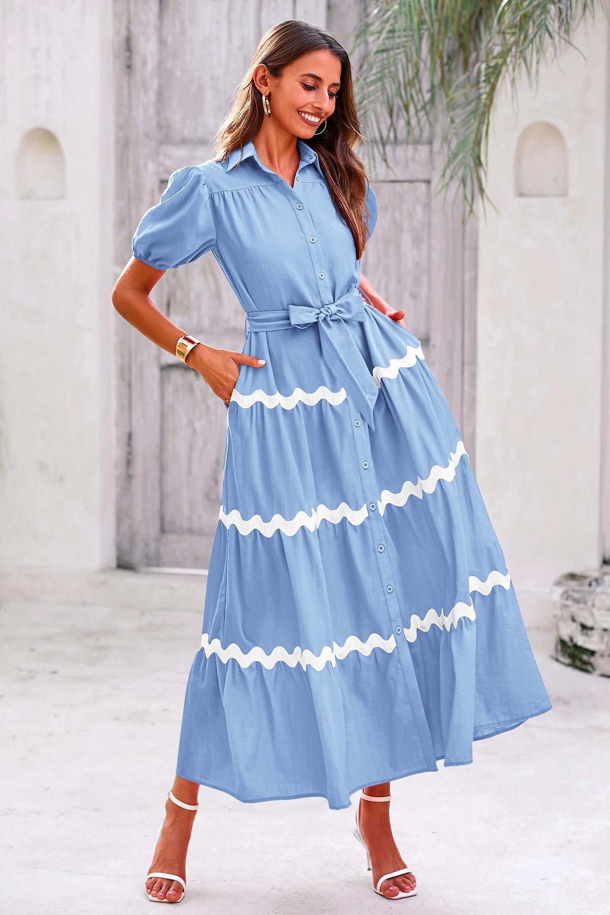 Summer Maxi Button Down Puff Short Sleeve Ruffle Long Flowy Shirt Dresses With Belt