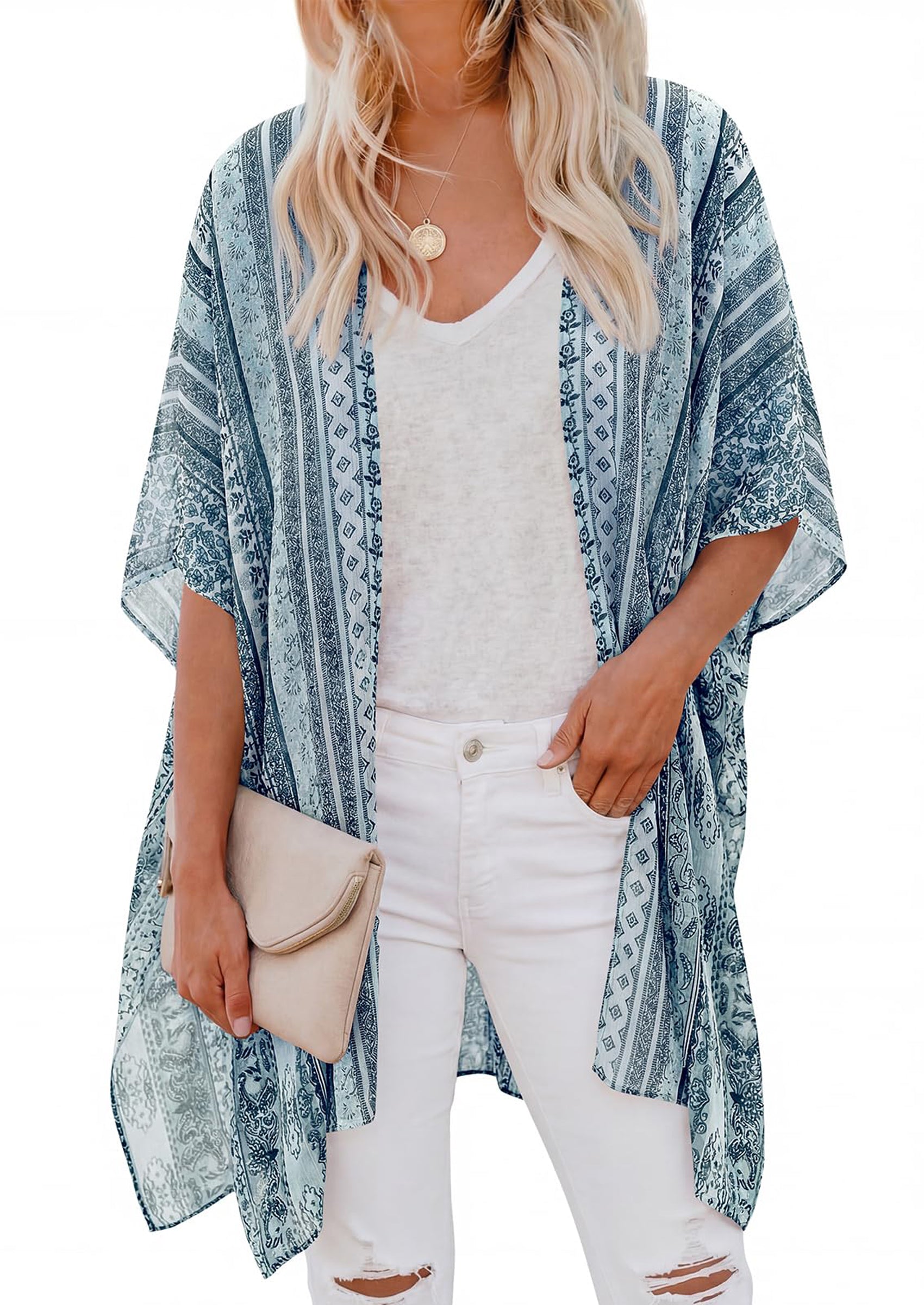PRETTYGARDEN Summer Kimonos for Women Boho Floral Short Sleeve Kimono Cardigans Swimsuit Beach Cover Ups for Women Swimwear PRETTYGARDEN