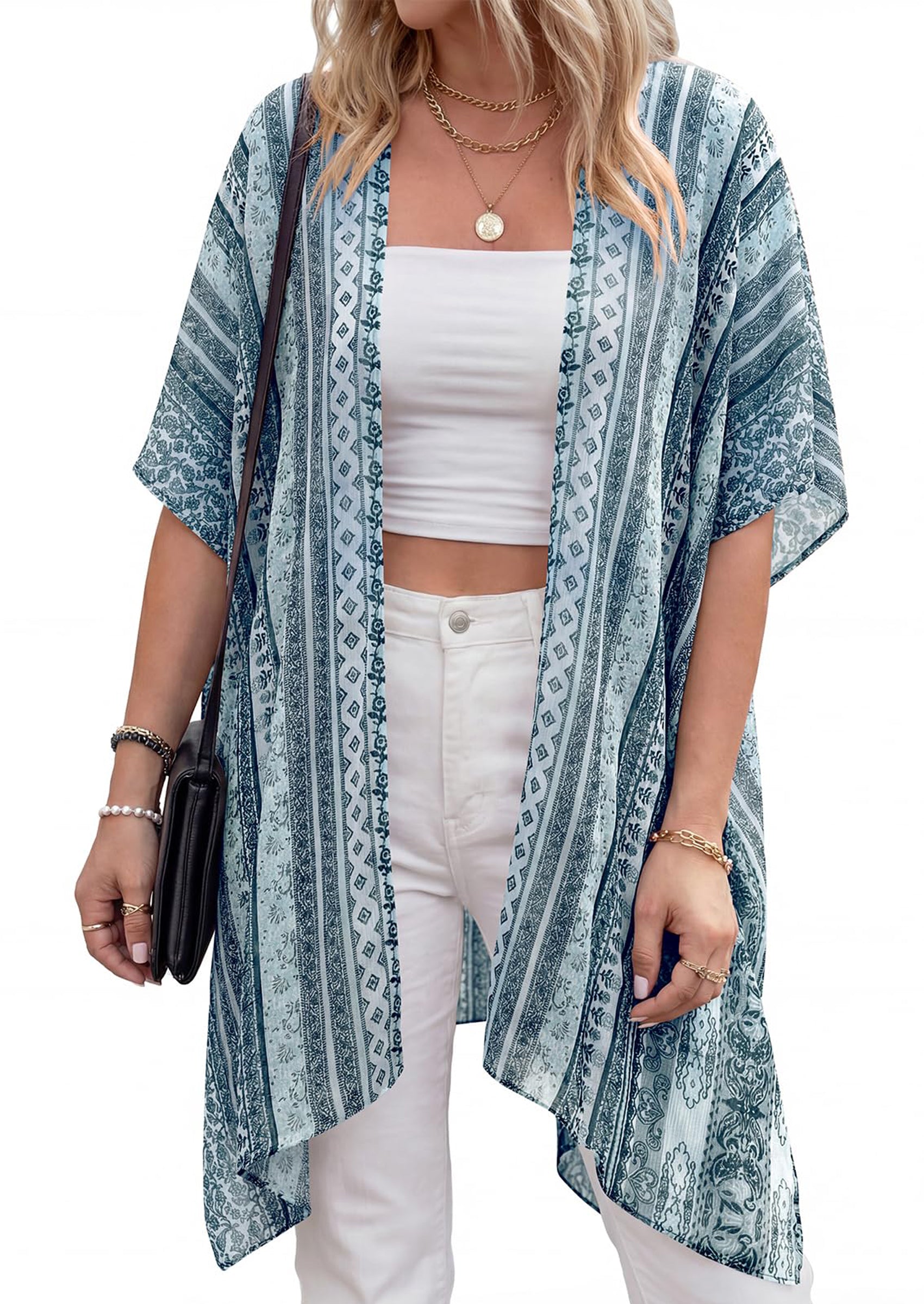PRETTYGARDEN Summer Kimonos for Women Boho Floral Short Sleeve Kimono Cardigans Swimsuit Beach Cover Ups for Women Swimwear PRETTYGARDEN