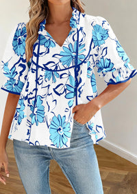 PRETTYGARDEN Womens Summer Tops Cute Puff Sleeve Ruffle V Neck Babydoll T-Shirts Boho Floral Spring Peplum Shirts PRETTYGARDEN