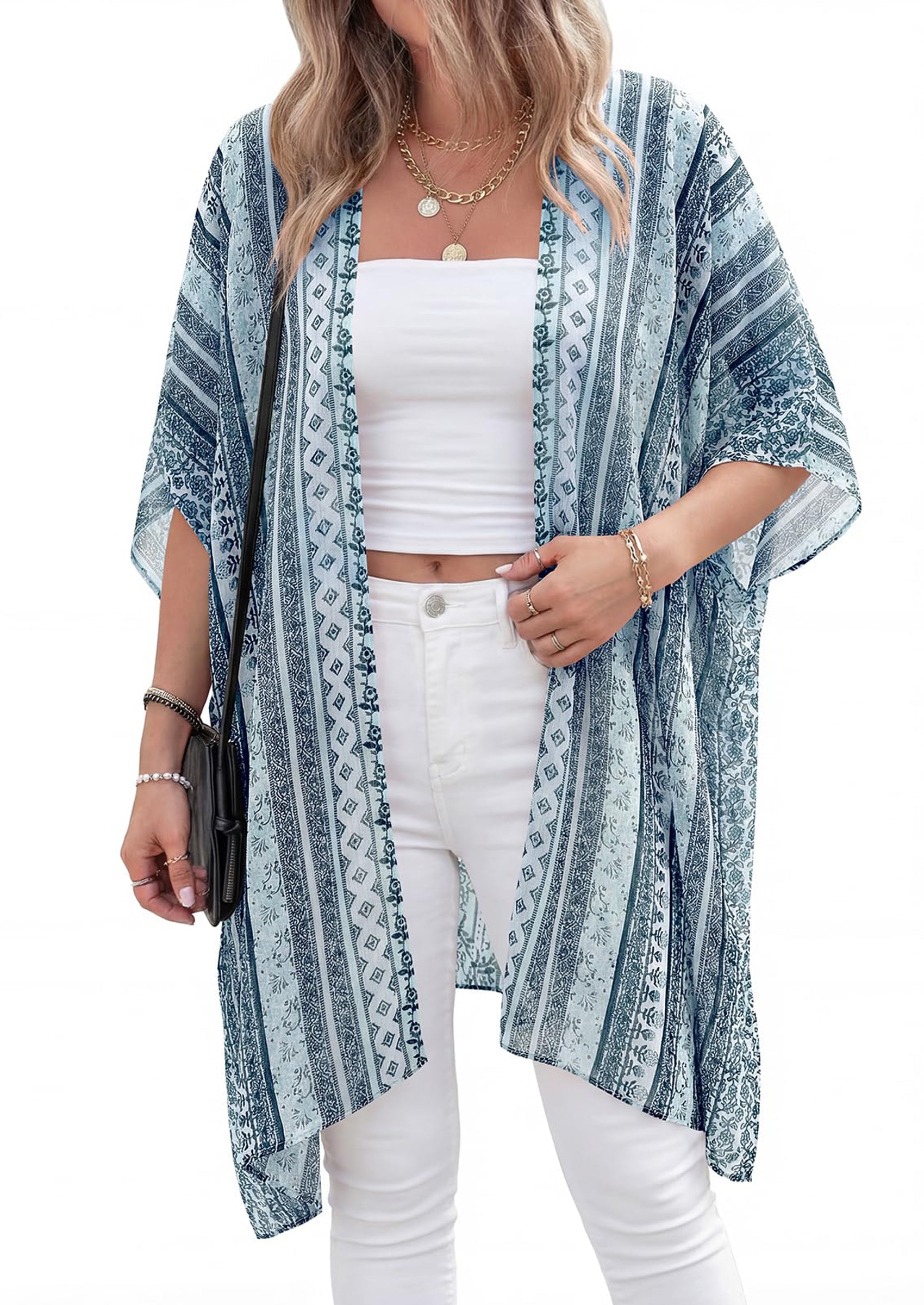 PRETTYGARDEN Summer Kimonos for Women Boho Floral Short Sleeve Kimono Cardigans Swimsuit Beach Cover Ups for Women Swimwear PRETTYGARDEN
