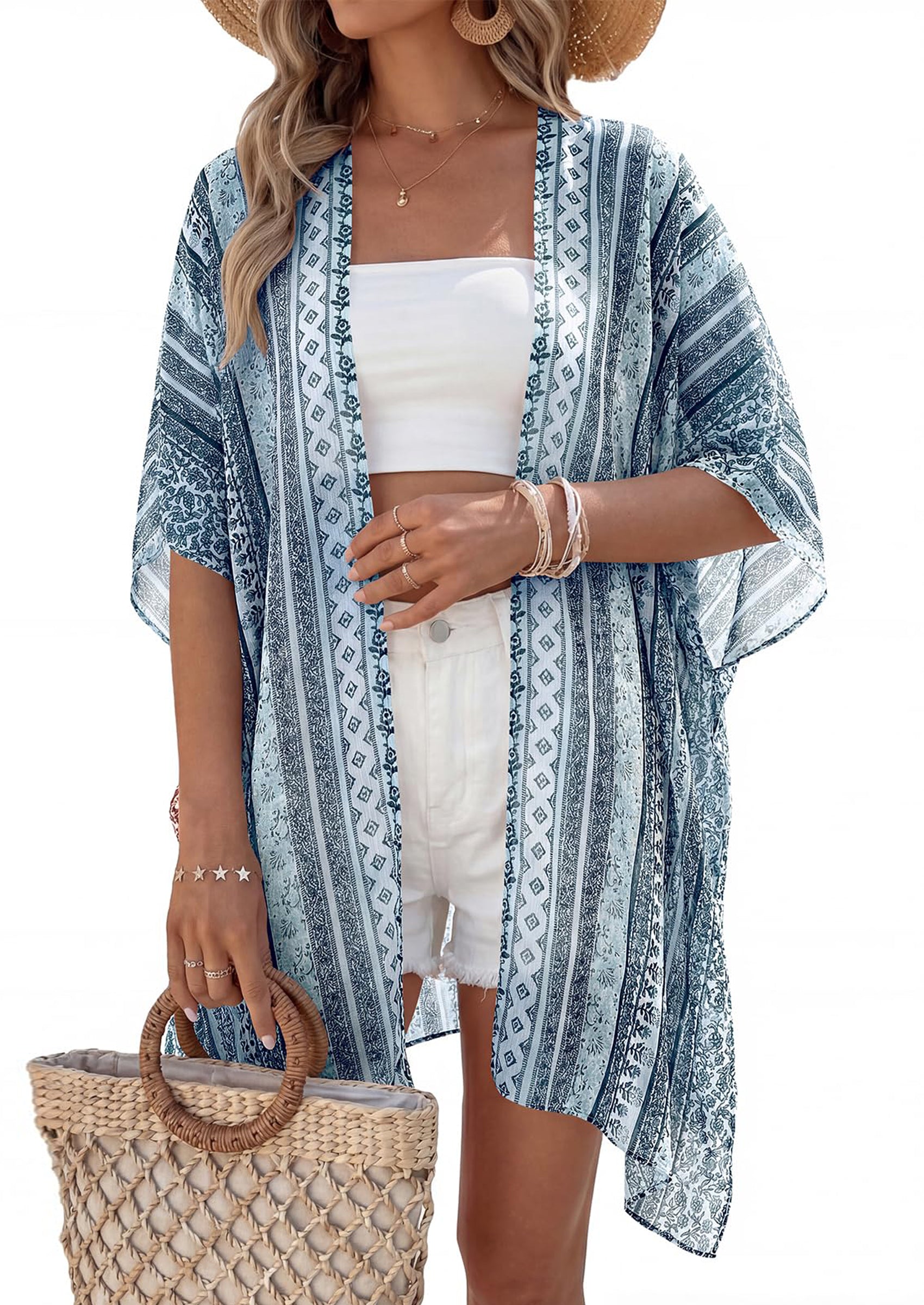 PRETTYGARDEN Summer Kimonos for Women Boho Floral Short Sleeve Kimono Cardigans Swimsuit Beach Cover Ups for Women Swimwear PRETTYGARDEN