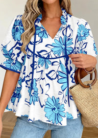 PRETTYGARDEN Womens Summer Tops Cute Puff Sleeve Ruffle V Neck Babydoll T-Shirts Boho Floral Spring Peplum Shirts PRETTYGARDEN