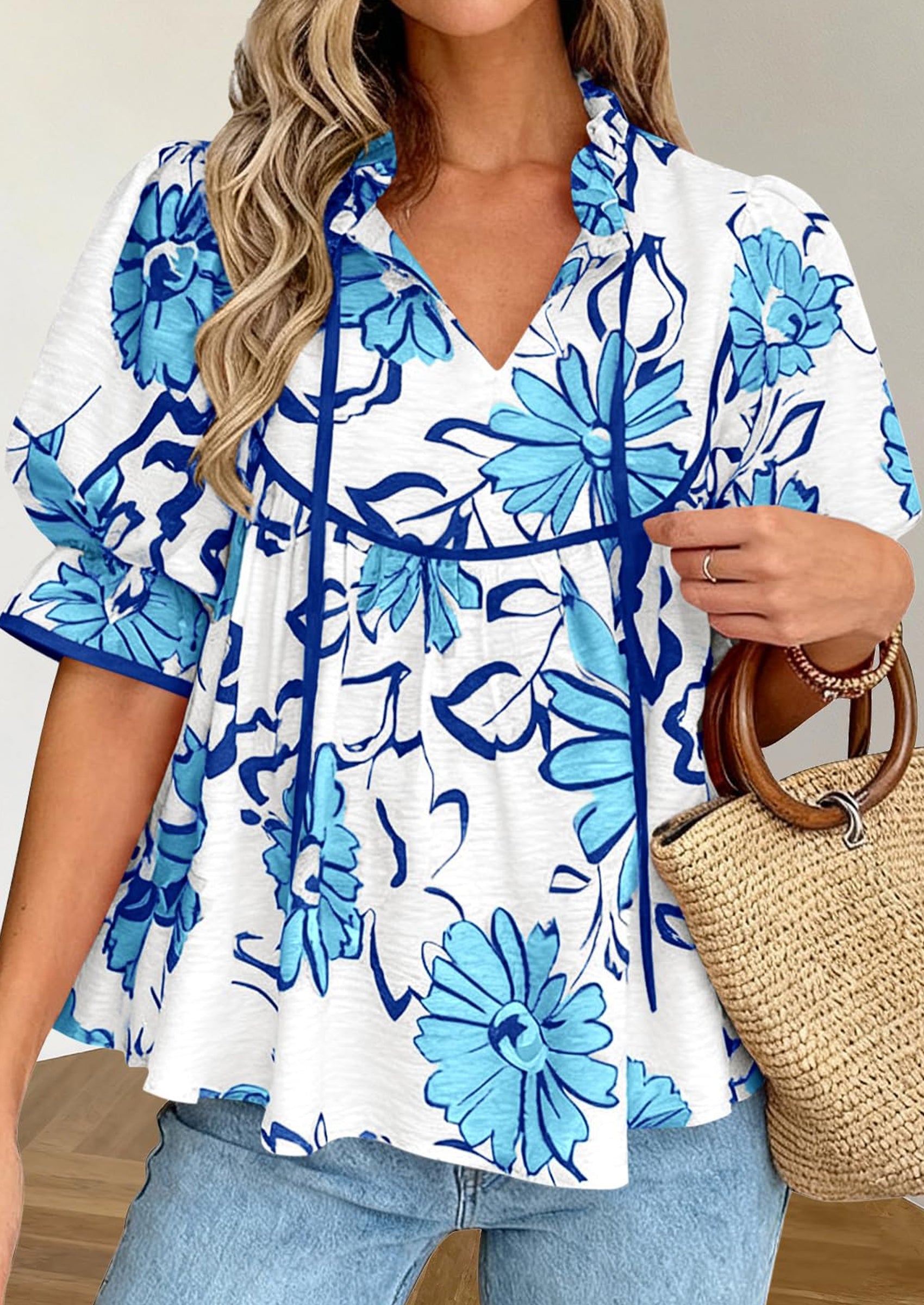 PRETTYGARDEN Womens Summer Tops Cute Puff Sleeve Ruffle V Neck Babydoll T-Shirts Boho Floral Spring Peplum Shirts PRETTYGARDEN