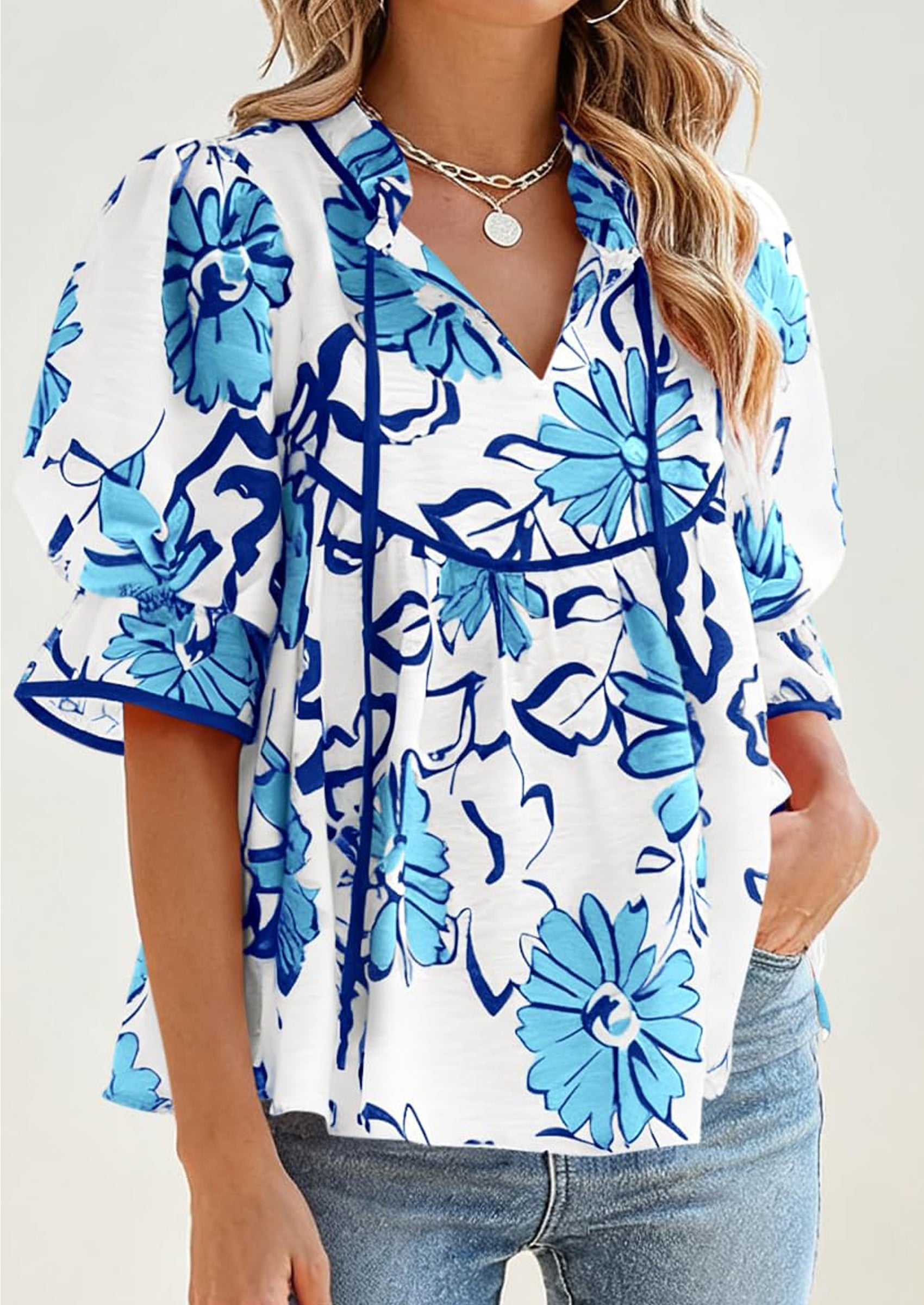 PRETTYGARDEN Womens Summer Tops Cute Puff Sleeve Ruffle V Neck Babydoll T-Shirts Boho Floral Spring Peplum Shirts PRETTYGARDEN