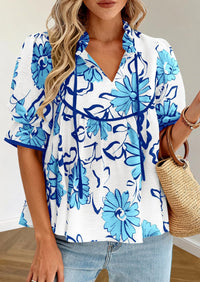 PRETTYGARDEN Womens Summer Tops Cute Puff Sleeve Ruffle V Neck Babydoll T-Shirts Boho Floral Spring Peplum Shirts PRETTYGARDEN