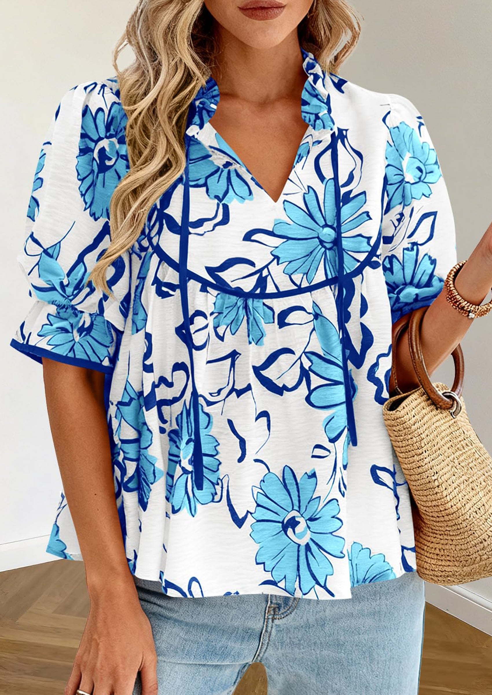 PRETTYGARDEN Womens Summer Tops Cute Puff Sleeve Ruffle V Neck Babydoll T-Shirts Boho Floral Spring Peplum Shirts PRETTYGARDEN