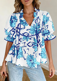 PRETTYGARDEN Womens Summer Tops Cute Puff Sleeve Ruffle V Neck Babydoll T-Shirts Boho Floral Spring Peplum Shirts PRETTYGARDEN