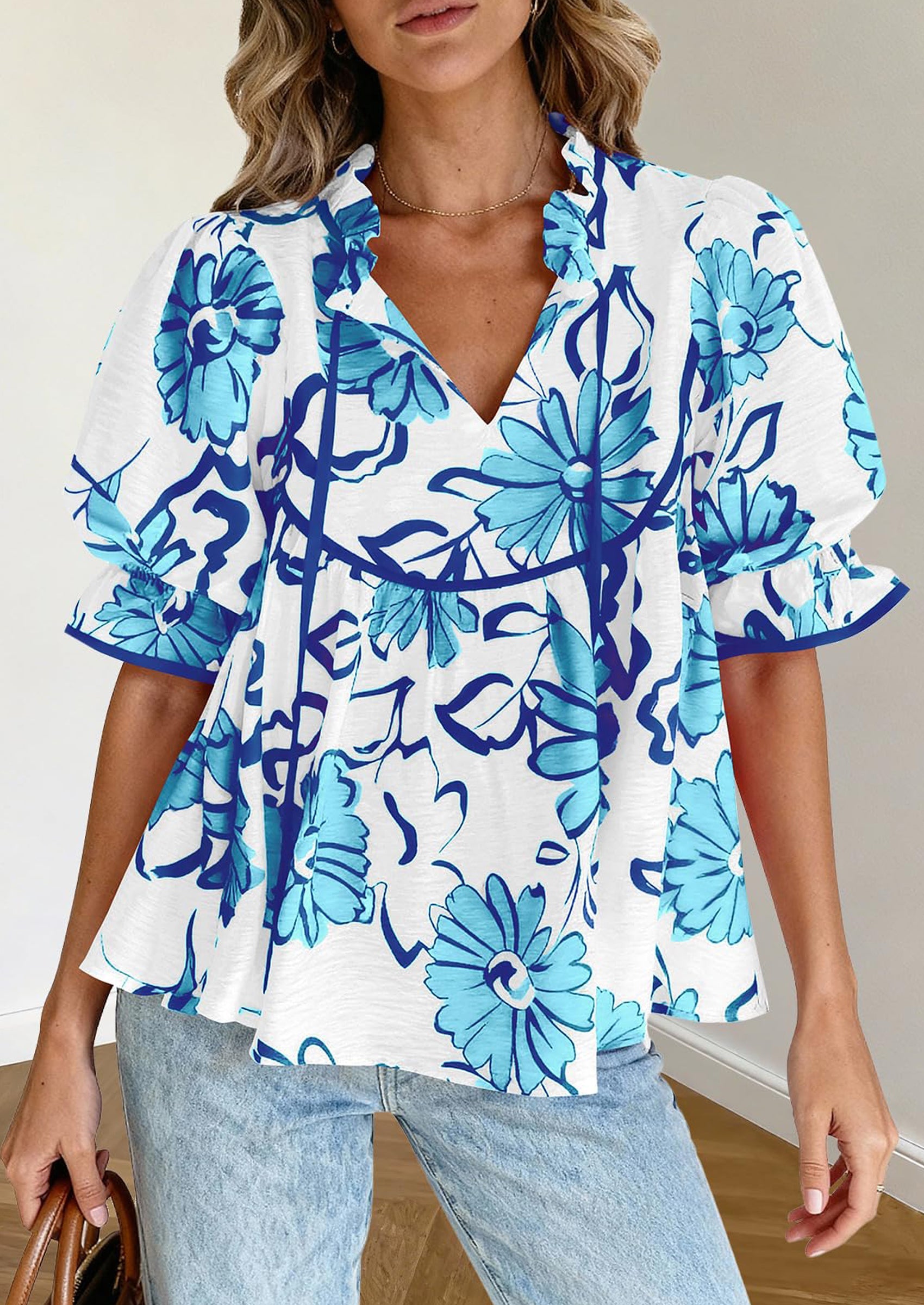 PRETTYGARDEN Womens Summer Tops Cute Puff Sleeve Ruffle V Neck Babydoll T-Shirts Boho Floral Spring Peplum Shirts PRETTYGARDEN