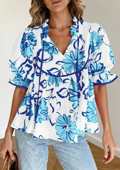 PRETTYGARDEN Womens Summer Tops Cute Puff Sleeve Ruffle V Neck Babydoll T-Shirts Boho Floral Spring Peplum Shirts PRETTYGARDEN