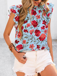 PRETTYGARDEN Women's Ruffle Short Sleeve Summer Tops Trendy Floral Trim Neck Casual Dressy Chiffon Boho Blouses Shirts PRETTYGARDEN