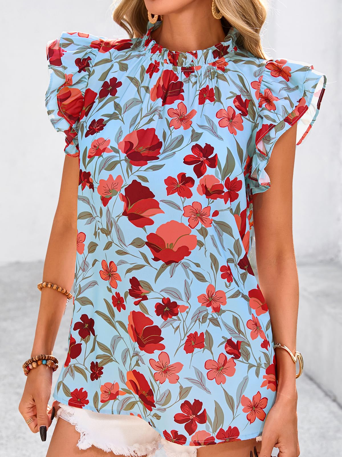 PRETTYGARDEN Women's Ruffle Short Sleeve Summer Tops Trendy Floral Trim Neck Casual Dressy Chiffon Boho Blouses Shirts PRETTYGARDEN