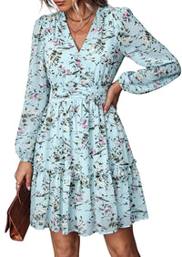 PRETTYGARDEN Women Floral Long Sleeve Mini Dress | Fall Wedding Guest Dresses, V Neck, Fit & Flare, Ruffle Hem A-Line, Short Chiffon Dress, Elegant Holiday Party, Date Outfits