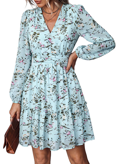 PRETTYGARDEN Women Floral Long Sleeve Mini Dress | Fall Wedding Guest Dresses, V Neck, Fit & Flare, Ruffle Hem A-Line, Short Chiffon Dress, Elegant Holiday Party, Date Outfits