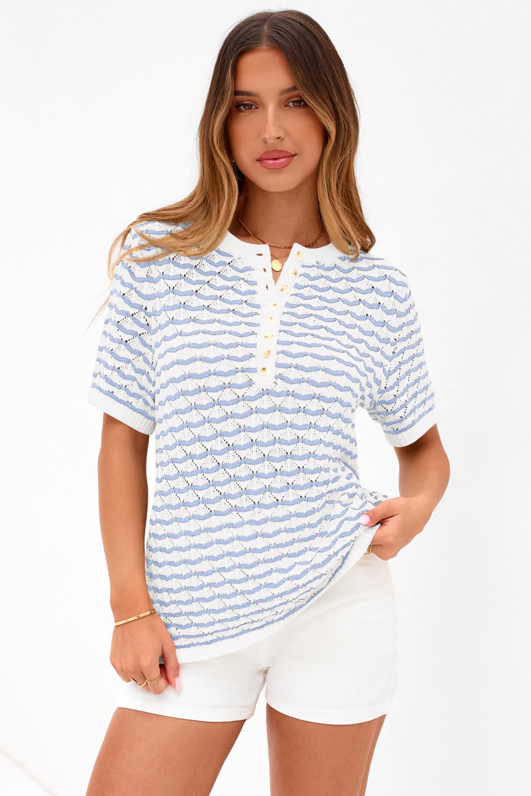 PRETTYGARDEN Cute Short Sleeve V Neck Sweaters for Women Summer Casual Striped Quarter Button Henley Shirts Knit Work Tops PRETTYGARDEN