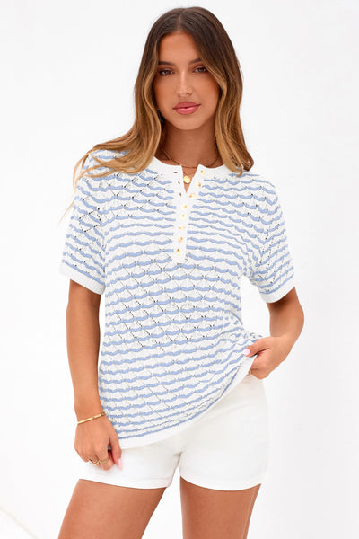 PRETTYGARDEN Cute Short Sleeve V Neck Sweaters for Women Summer Casual Striped Quarter Button Henley Shirts Knit Work Tops PRETTYGARDEN