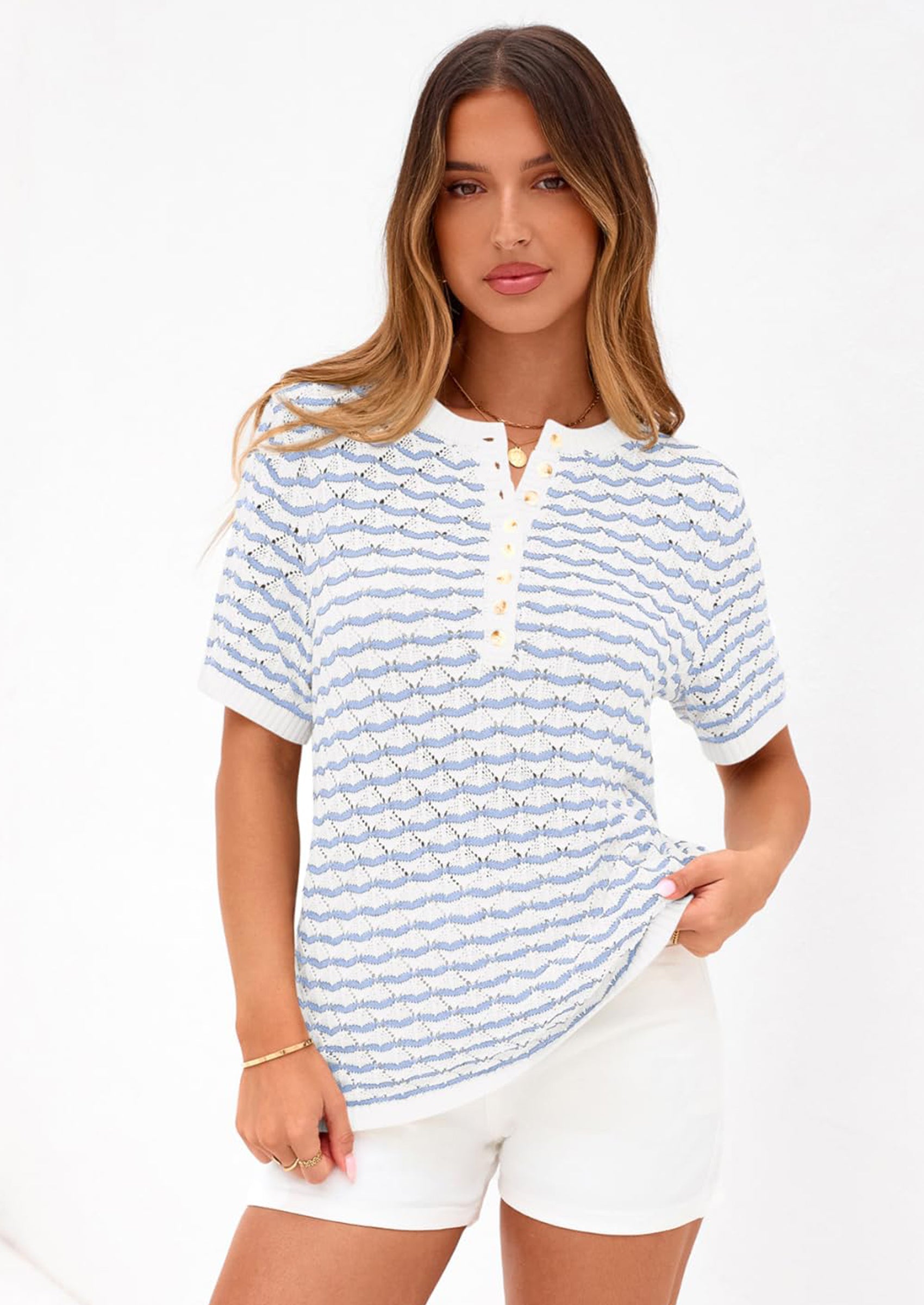 PRETTYGARDEN Cute Short Sleeve V Neck Sweaters for Women Summer Casual Striped Quarter Button Henley Shirts Knit Work Tops PRETTYGARDEN