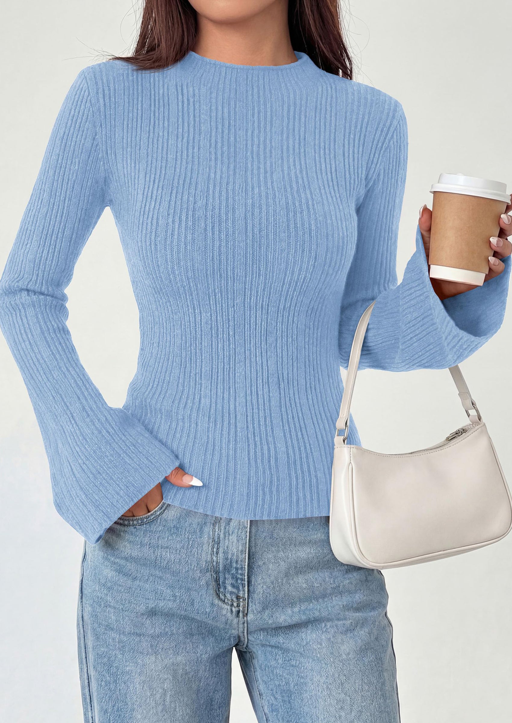 PRETTYGARDEN Sweaters for Women Lightweight Mock Neck Bell Long Sleeve Fitted Tops Ribbed Pullover Fall Fashion Clothing