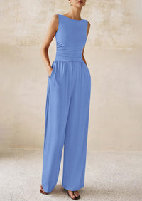 PRETTYGARDEN One Piece Jumpsuits for Women Dressy Casual Sleeveless Crewneck Wide Leg Rompers Jumpers Vacation Summer Outfits