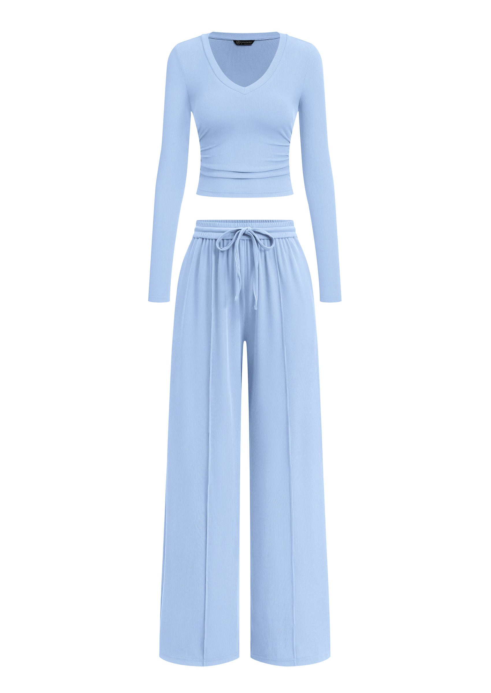 PRETTYGARDEN Women's 2 Piece Lounge Sets Matching Clothing  | V Neck Long Sleeve Tops, Wide Leg Pants Pockets, Airport Travel Outfits, Soft Ribbed Knit, Drawstring Waist, Fall Resort Wear