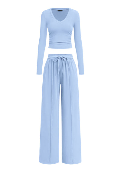 PRETTYGARDEN Women's 2 Piece Lounge Sets Matching Clothing  | V Neck Long Sleeve Tops, Wide Leg Pants Pockets, Airport Travel Outfits, Soft Ribbed Knit, Drawstring Waist, Fall Resort Wear