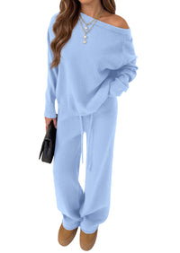 PRETTYGARDEN Lounge Sets Womens Sweaters Two Piece Outfits  Cozy Boat Neck Long Sleeve Tops, Wide Leg Pants with Drawstring, Casual Fall Fashion 2026 Airport & Travel, Knit Matching Set