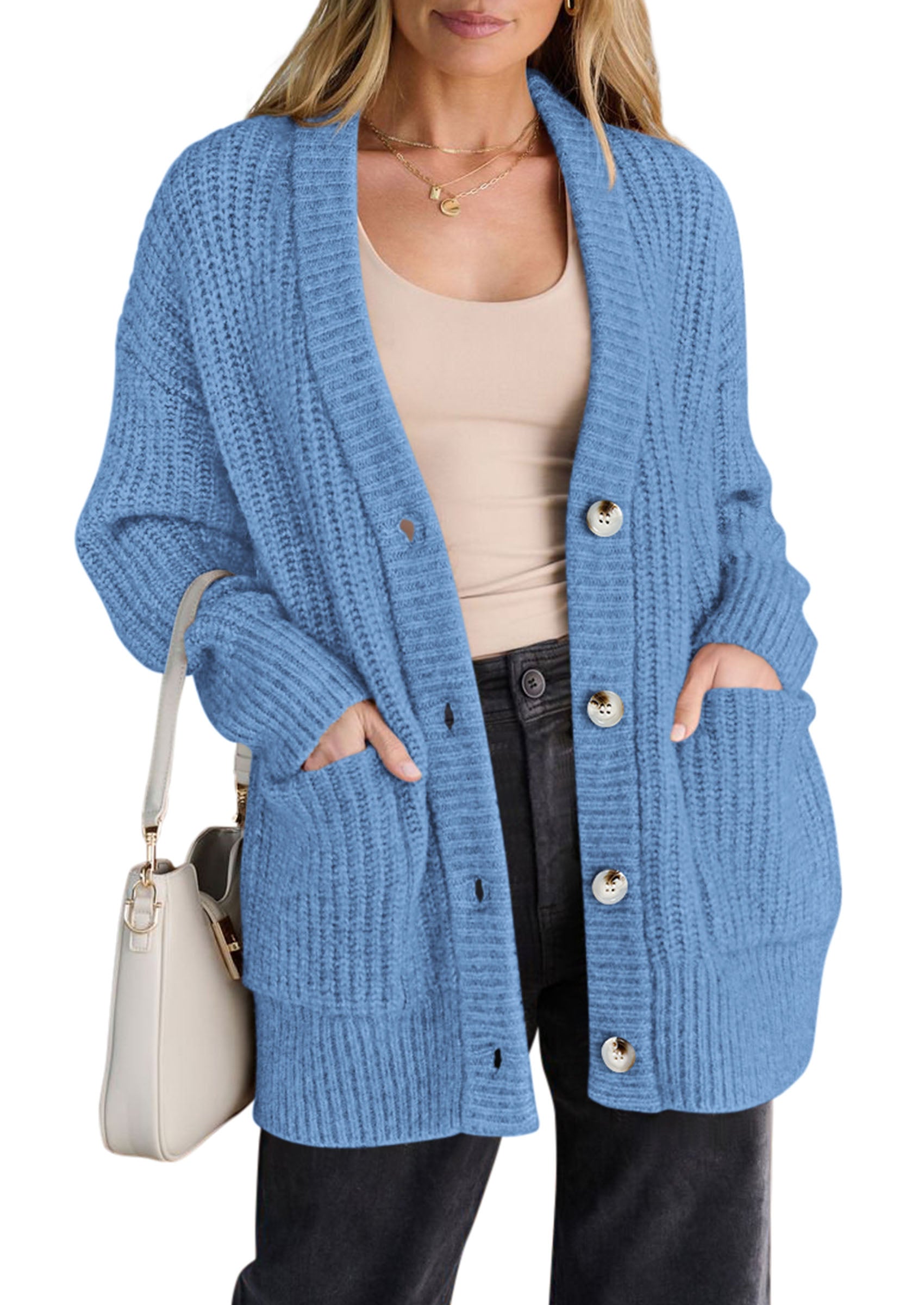 PRETTYGARDEN Oversized Cardigan Sweaters for Women Button Up | V Neck Long Cardigans, Chunky Ribbed Knit Loose Fit with Side Pockets, Casual Daily Office Outfits, Fall Winter Clothing