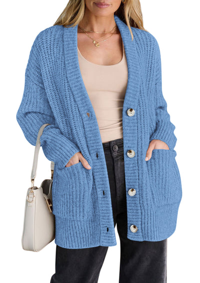 PRETTYGARDEN Oversized Cardigan Sweaters for Women Button Up | V Neck Long Cardigans, Chunky Ribbed Knit Loose Fit with Side Pockets, Casual Daily Office Outfits, Fall Winter Clothing
