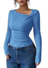 PRETTYGARDEN Womens 2026 Early Fall Fashion Long Sleeve T Shirts Asymmetrical Ribbed Fitted Trendy Going Out Tops Y2K Outfits