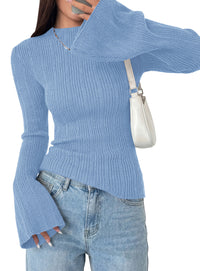 PRETTYGARDEN Sweaters for Women Lightweight Mock Neck Bell Long Sleeve Fitted Tops Ribbed Pullover 2026 Fall Fashion Clothing