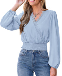 PRETTYGARDEN Women's Business Casual V Neck Wrap Blouse | Lace Trim Soft Crop Tops, Smocked Waist Long Sleeve Shirts, Dressy Casual Office Work Going Out Outfits, Fall Clothes
