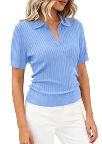 PRETTYGARDEN Women's Short Sleeve Sweater 2026 Spring Polo Shirts Ribbed Knit V Neck Business Casual Tops Summer Work Clothes PRETTYGARDEN