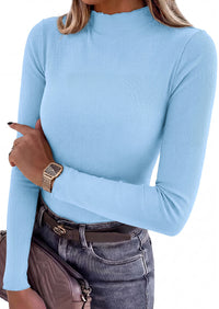 PRETTYGARDEN Women's Fall Long Sleeve Shirts Basic Tees | Soft Stretchy Ribbed Fabric, Lettuce Trim Mock Neck, Slim Fitted Cute Tops, Layering Fashion Clothing, Trendy Casual Outfits