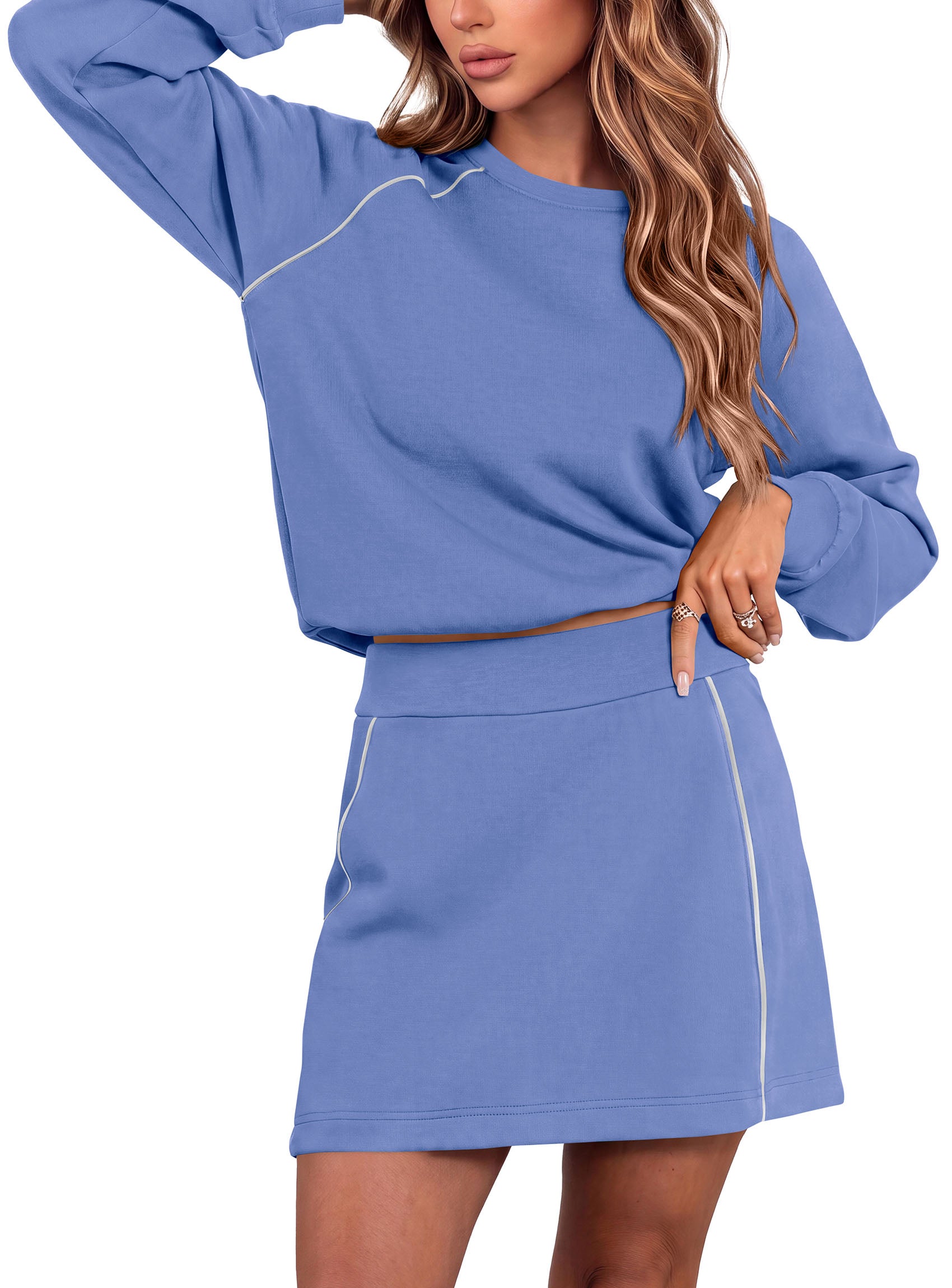 PRETTYGARDEN Women's Two Piece Outfits Matching Skirt Sets | Color Block Long Sleeve Top Sweatshirt, Mini Short Skirts, Elastic Waist Skorts Pocket, 2pc Workout Set, Fall Fashion Clothes