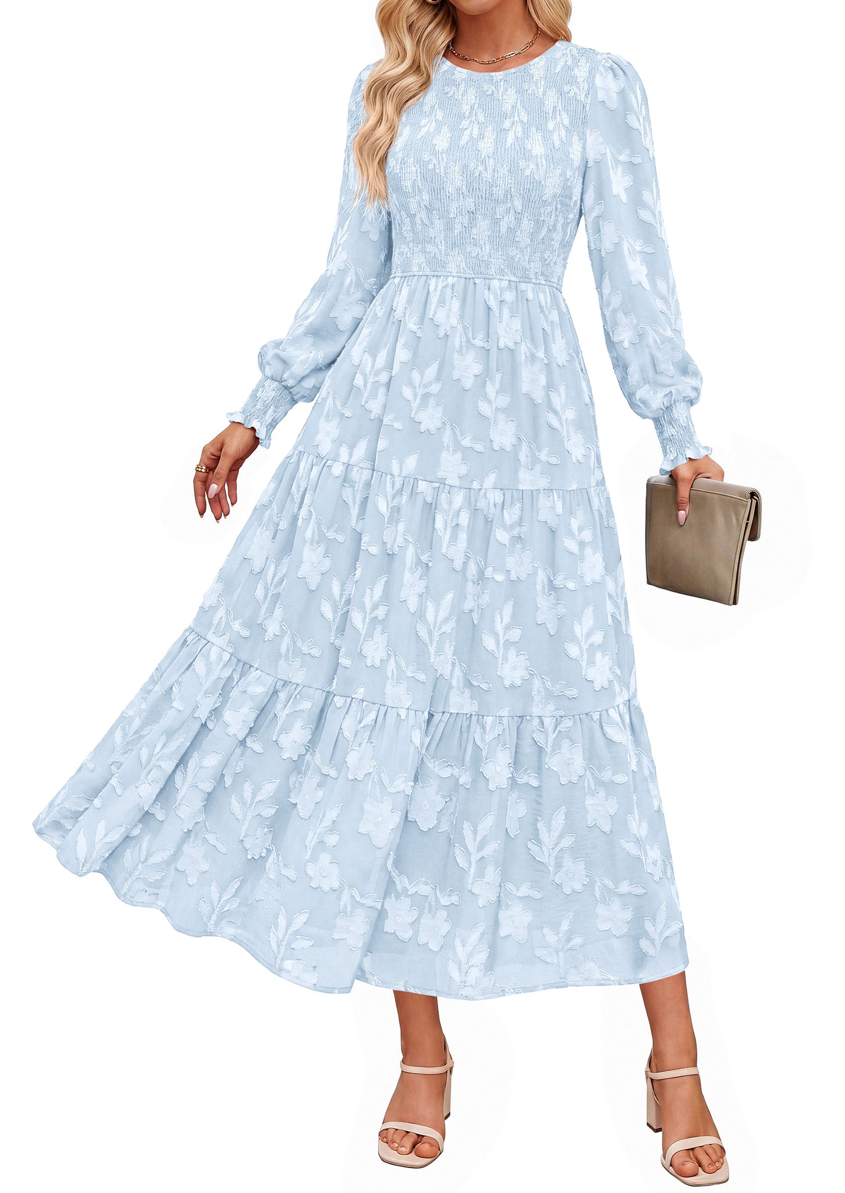 PRETTYGARDEN Fall Floral Long Sleeve Wedding Guest Dress for Women Pockets | Casual Textured Jacquard Smocked High Waist A-line Boho Flowy Midi Dress, Semi Formal Cocktail Dresses for Women 2026