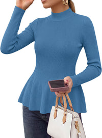 PRETTYGARDEN Womens Fall Mock Neck Long Sleeve Tops Badycon Peplum Sweaters						  Cozy Soft Knit Pullover,Ruffle Hem,Business Casual Work Outfits,2026 Trendy Fall Fashion Clothing,Winter Layering Clothes