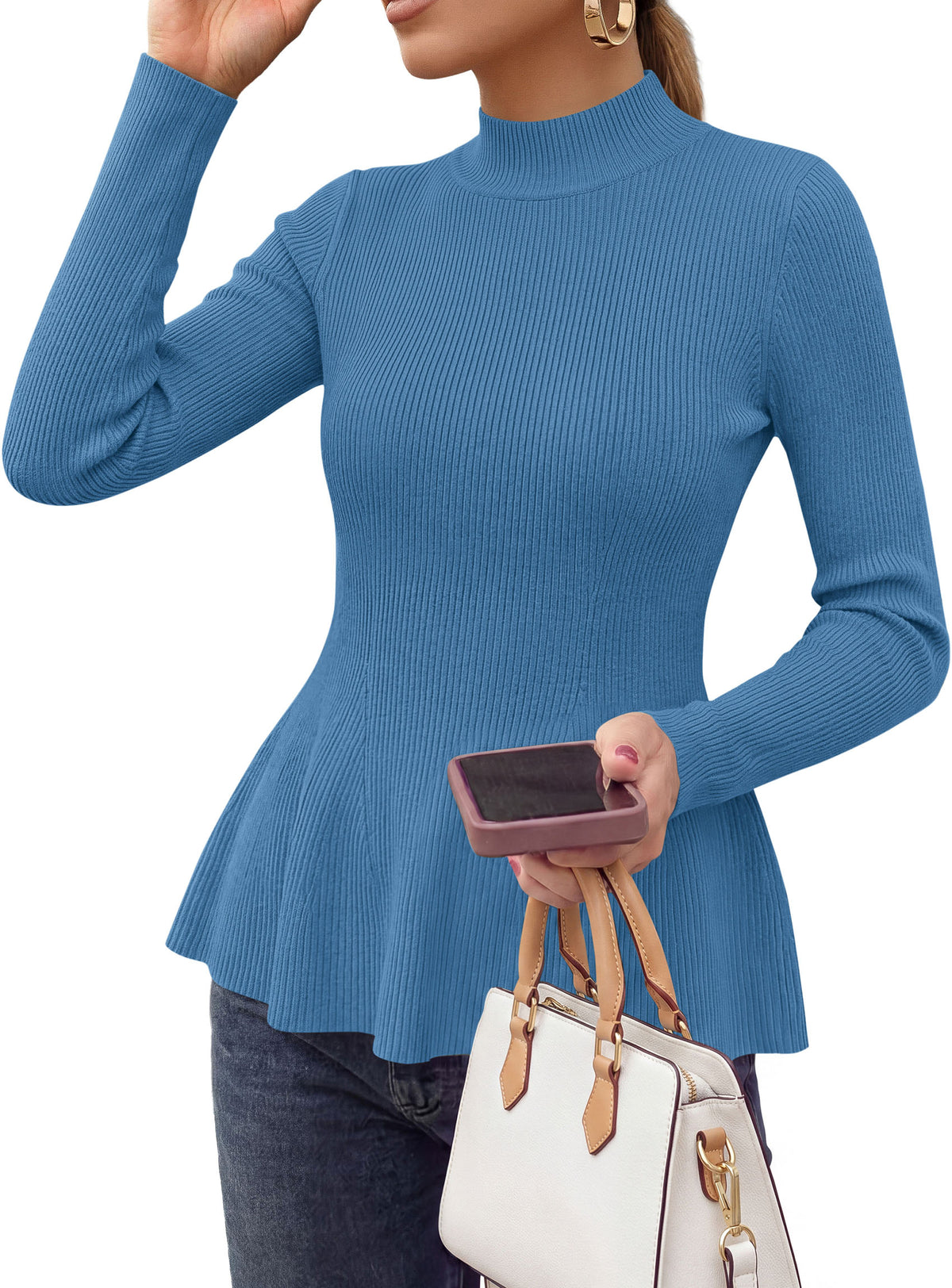 PRETTYGARDEN Womens Fall Mock Neck Long Sleeve Tops Badycon Peplum Sweaters						  Cozy Soft Knit Pullover,Ruffle Hem,Business Casual Work Outfits,2026 Trendy Fall Fashion Clothing,Winter Layering Clothes