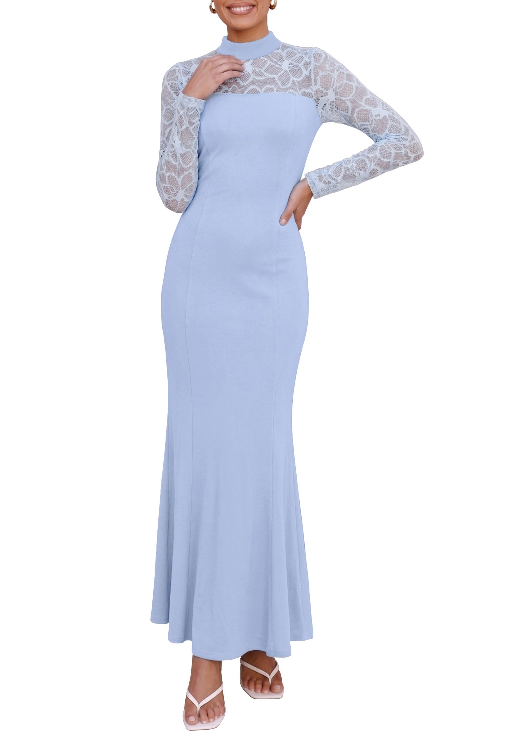PRETTYGARDEN Women's Fall Lace Sheer Dress Bodycon Maxi Cocktail Dresses  Long Sleeve, Patchwork Mock Neck, Slim Fit, Elegant Mermaid, Semi Formal Outfits for Wedding Guest, Evening, Birthday Party