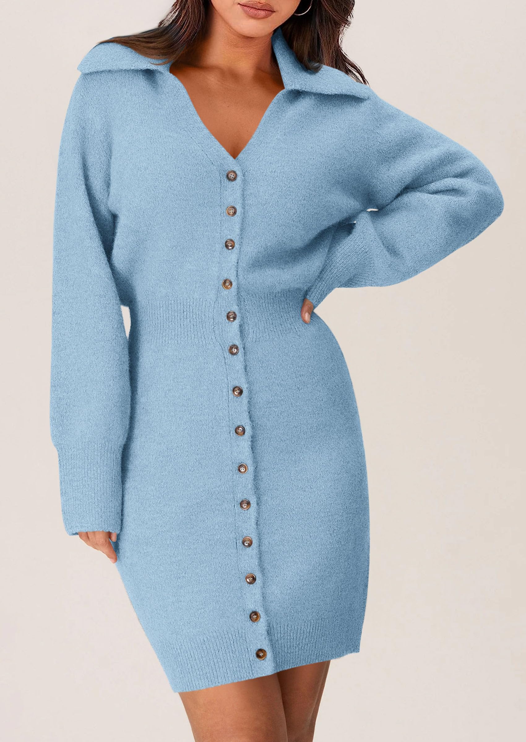 PRETTYGARDEN Sweater Dresses for Women Trendy Long Sleeve Button Down Short Spring Dress