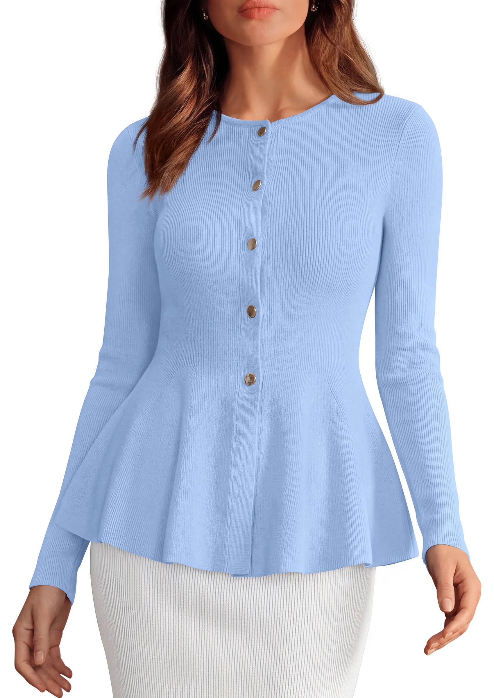 PRETTYGARDEN Women's Fall Lightweight Cardigan Sweaters | Long Sleeve Peplum Tops, Button Up, Slim Fitted, Flared Hem, Soft Ribbed Knit, Business Casual Outfits, Winter Trendy Clothes