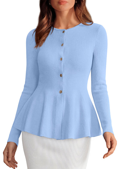 PRETTYGARDEN Women's Fall Lightweight Cardigan Sweaters | Long Sleeve Peplum Tops, Button Up, Slim Fitted, Flared Hem, Soft Ribbed Knit, Business Casual Outfits, Winter Trendy Clothes