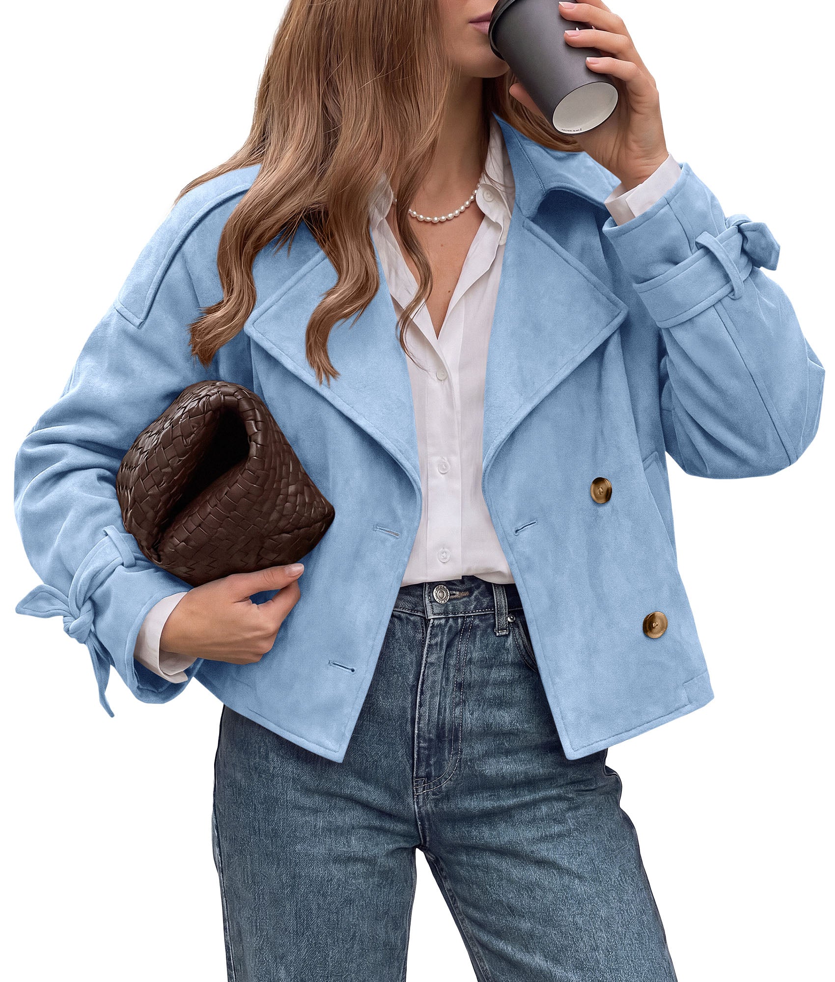 PRETTYGARDEN Women Faux Suede Double Breasted Trench Coat Cropped Jackets  Raglan Long Sleeve,Lapel,Tie Cuff,Button Down,Fall Fashion Outerwear,Winter Clothes,Work Office Casual Short Jacket