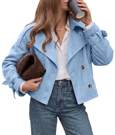 PRETTYGARDEN Women Faux Suede Double Breasted Trench Coat Cropped Jackets  Raglan Long Sleeve,Lapel,Tie Cuff,Button Down,Fall Fashion Outerwear,Winter Clothes,Work Office Casual Short Jacket