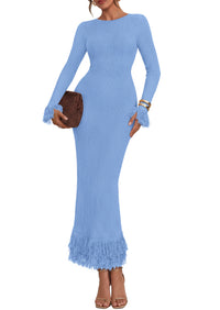 PRETTYGARDEN Womens Long Sleeve Bodycon Sweater Dress  Stretchy Ribbed Knit,Fringe Trim Cuffs & Hem,Slim Fit Crewneck,Date Night Outfits,Fall Winter Wedding Guest Cocktail Dresses