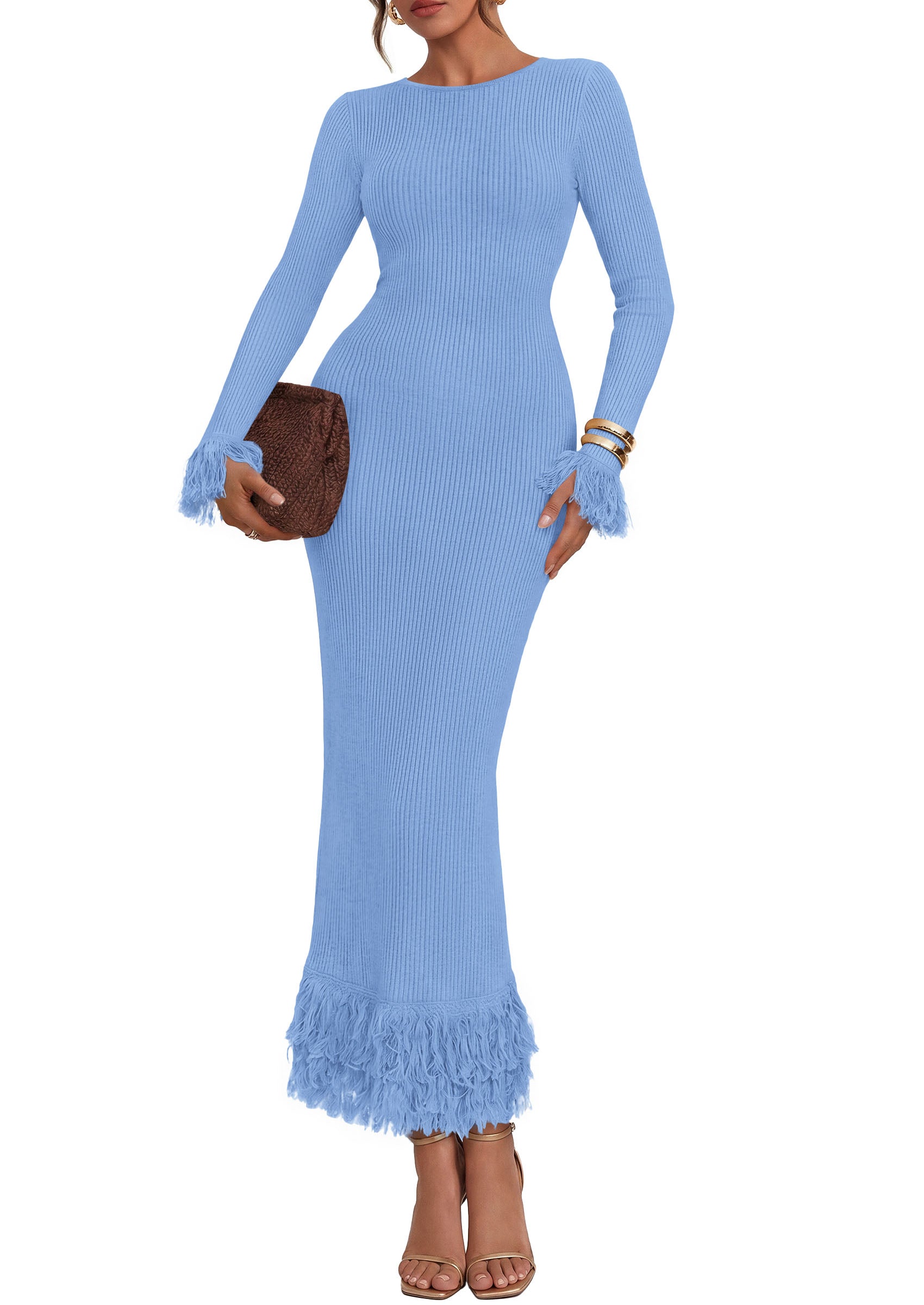 PRETTYGARDEN Womens Long Sleeve Bodycon Sweater Dress  Stretchy Ribbed Knit,Fringe Trim Cuffs & Hem,Slim Fit Crewneck,Date Night Outfits,Fall Winter Wedding Guest Cocktail Dresses