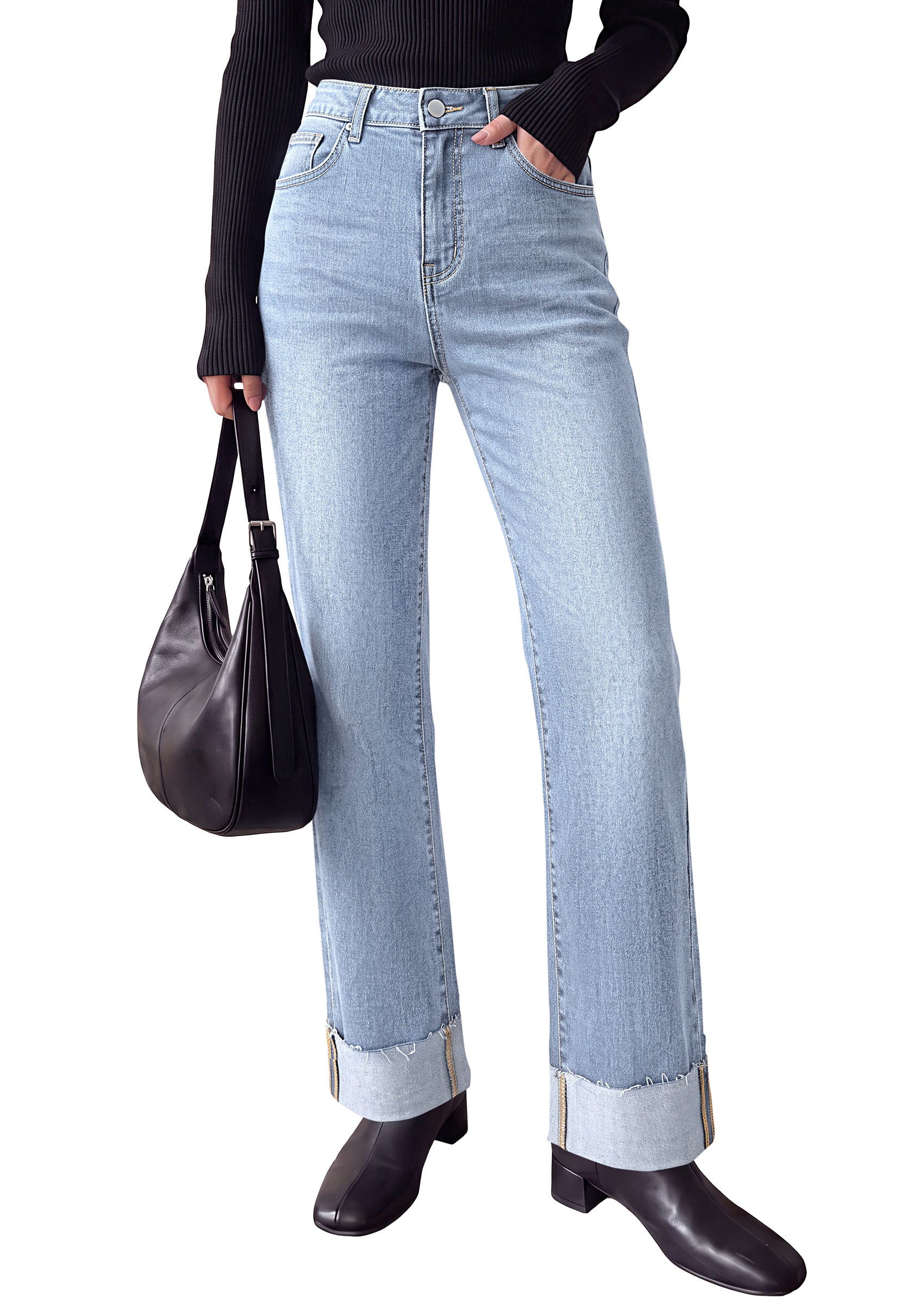 PRETTYGARDEN Women's Baggy Denim Jeans Wide Leg Pants | Stretchy High Waisted, Straight Leg Pockets, Cuffed Raw Hem Boyfriend, Trendy Bottoms, Fall Fashion Clothes, Casual Outfits